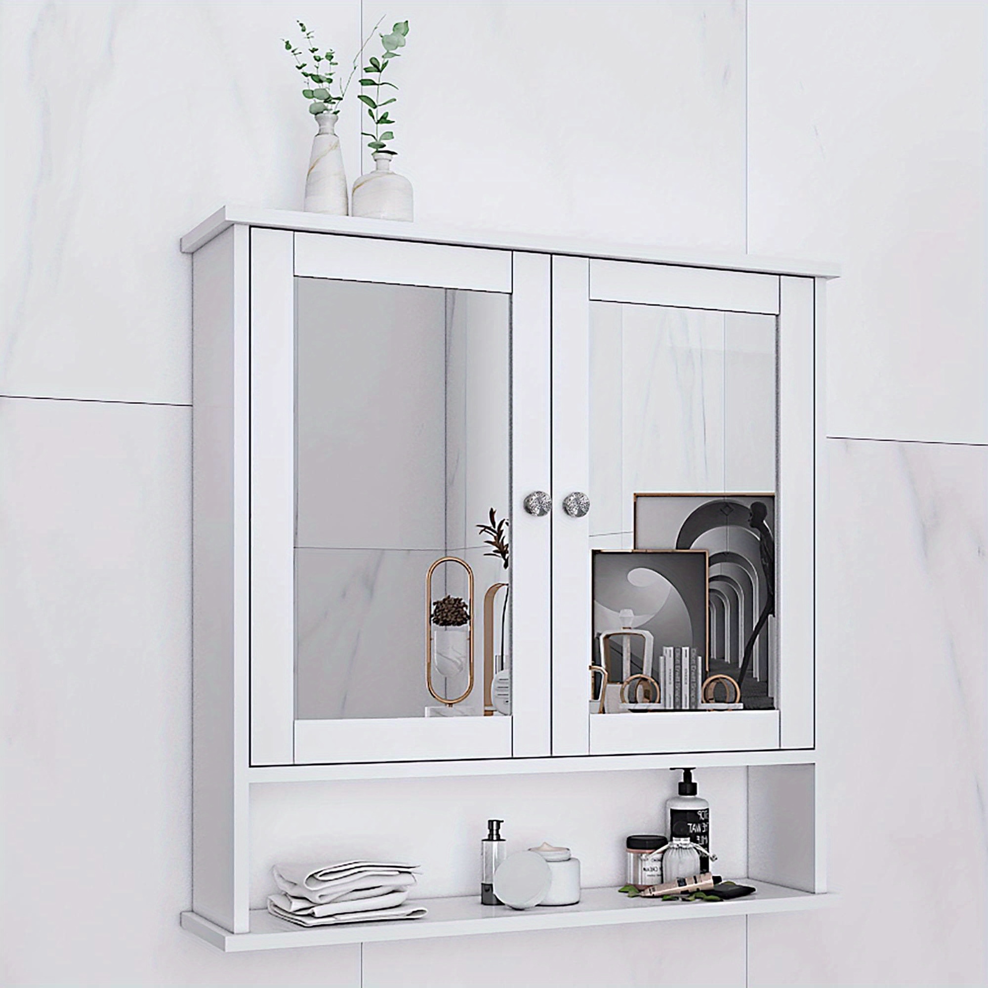 Bathroom Cabinet Mirror - Modern White Metal Wall-Mounted Bathroom Storage