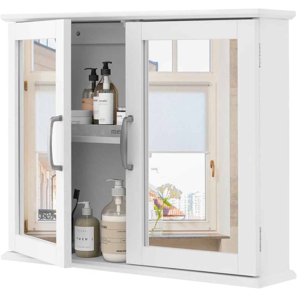 Bathroom Cabinet Mirror - White Wall-Mounted Mirrored Storage Cabinet for