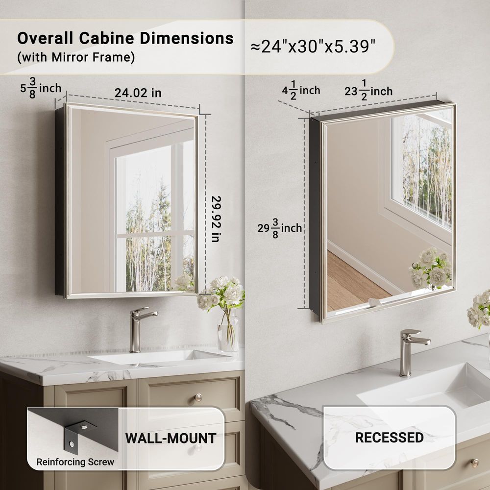 Bathroom Cabinet Mirror - Surface or Recessed Medicine Cabinet Mirror24x30